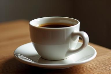 Portfolio image: Close-up commercial photo of a stylish coffee cup on a wooden table.