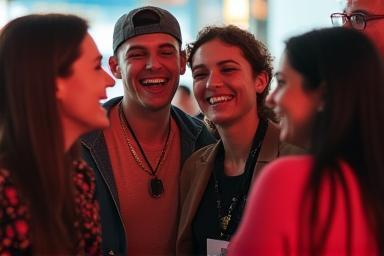 Portfolio image: Candid photo of people laughing and interacting warmly at an event.