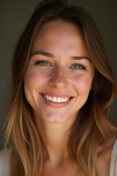 Portfolio image: Smiling woman's portrait captured with warm lighting.